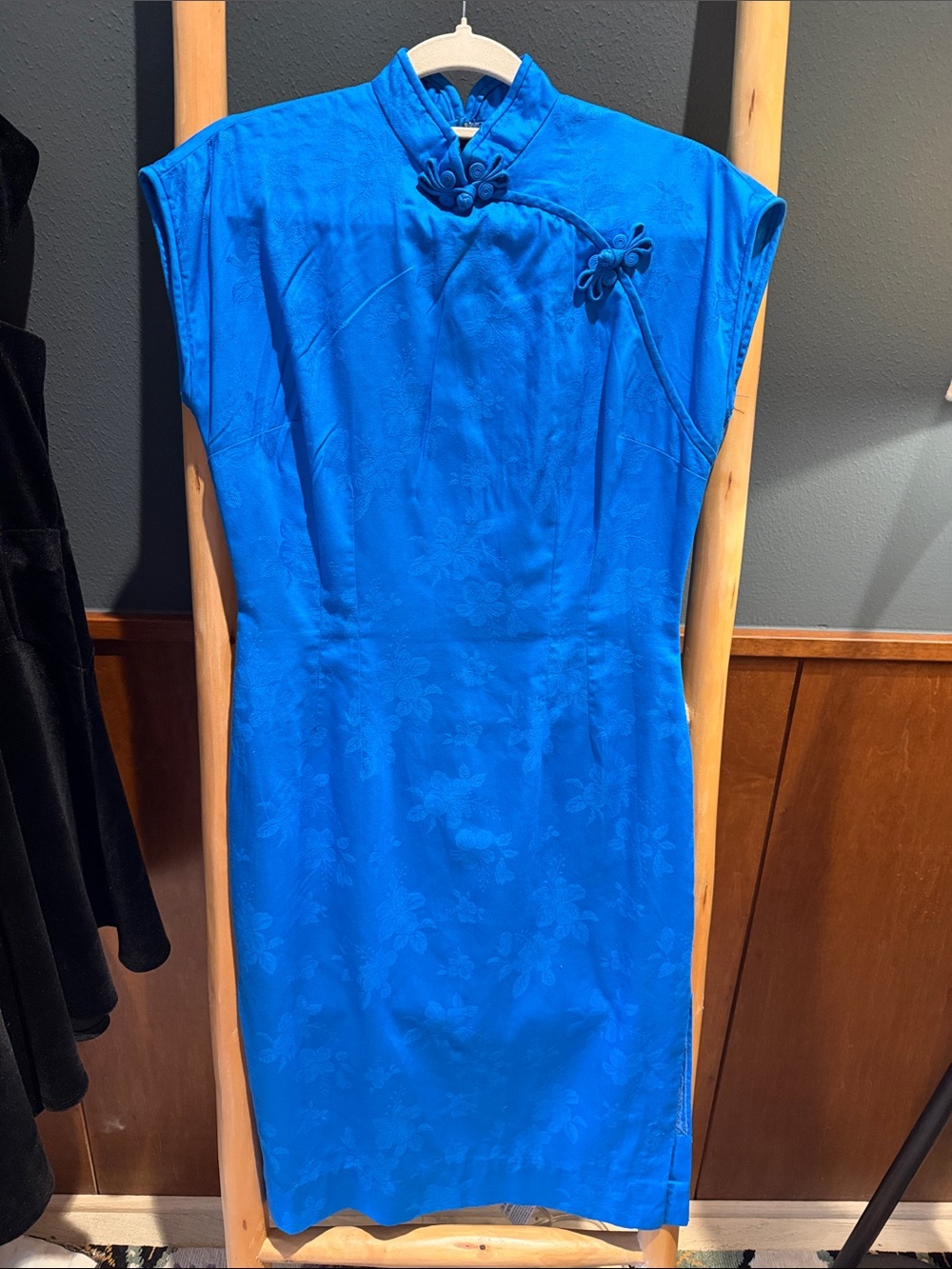 Vintage Bright Blue Mandarin Collar Midi Dress